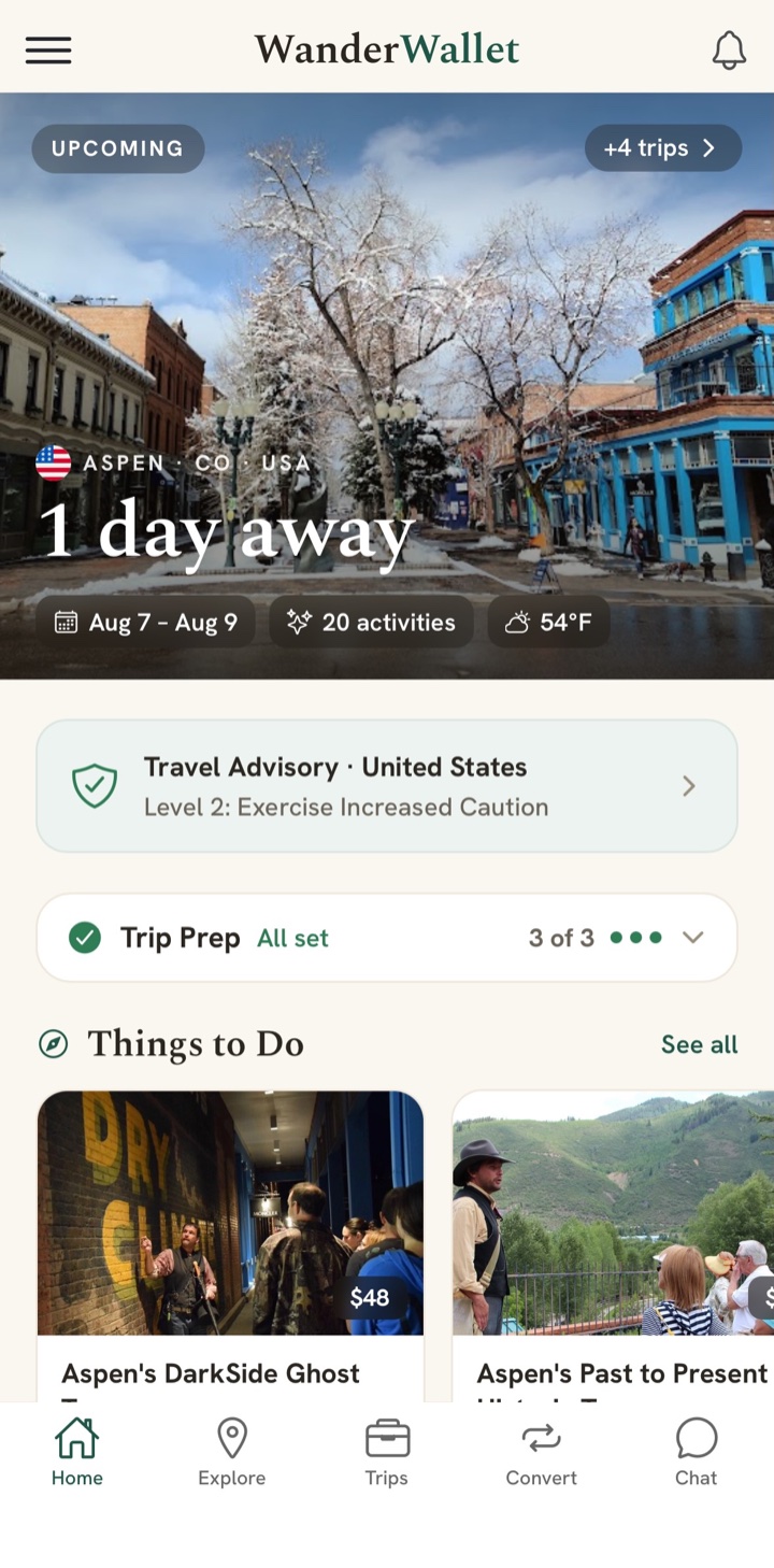 Wander Wallet home screen: an upcoming Aspen trip with travel advisory, trip prep and suggested activities